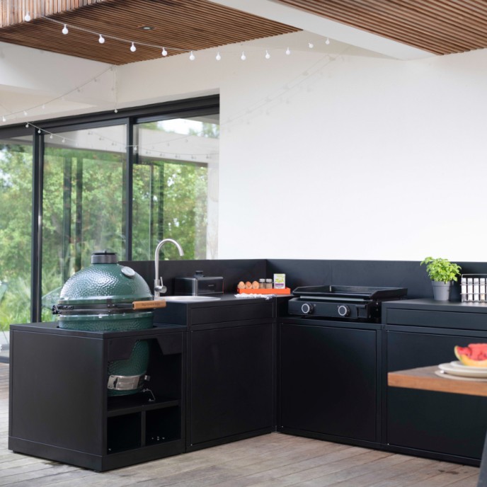 Meuble de cuisine extérieure avec évier en acier fermé noir Forge Adour